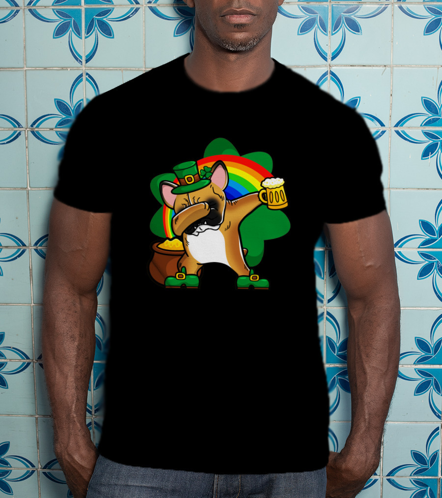 French Bulldog Dabbing Leprechaun With Beer And Rainbow St Patrick's Day T-Shirt