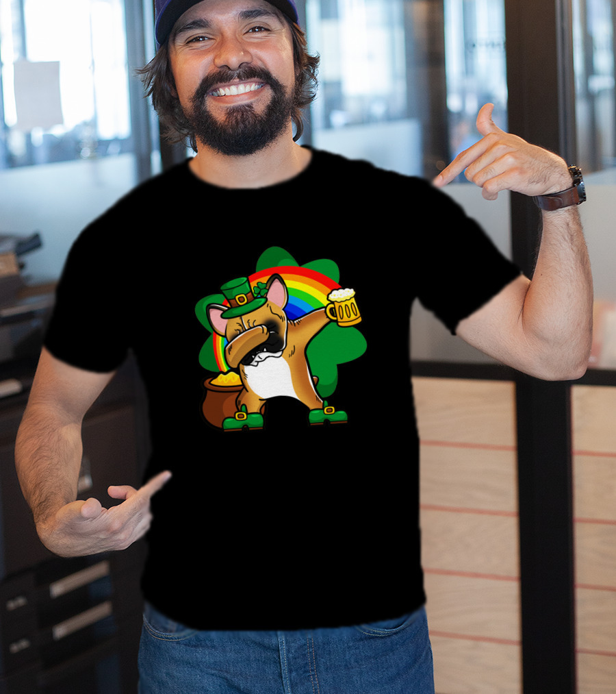 French Bulldog Dabbing Leprechaun With Beer And Rainbow St Patrick's Day T-Shirt