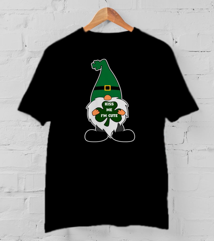 Kiss Me I'm Cute St Patricks Leprechaun Gnome With Clover T-Shirt