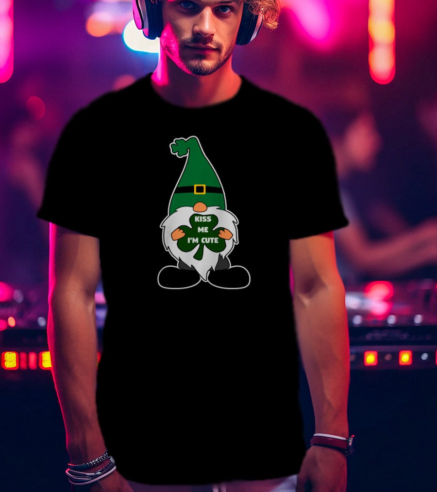 Kiss Me I'm Cute St Patricks Leprechaun Gnome With Clover T-Shirt