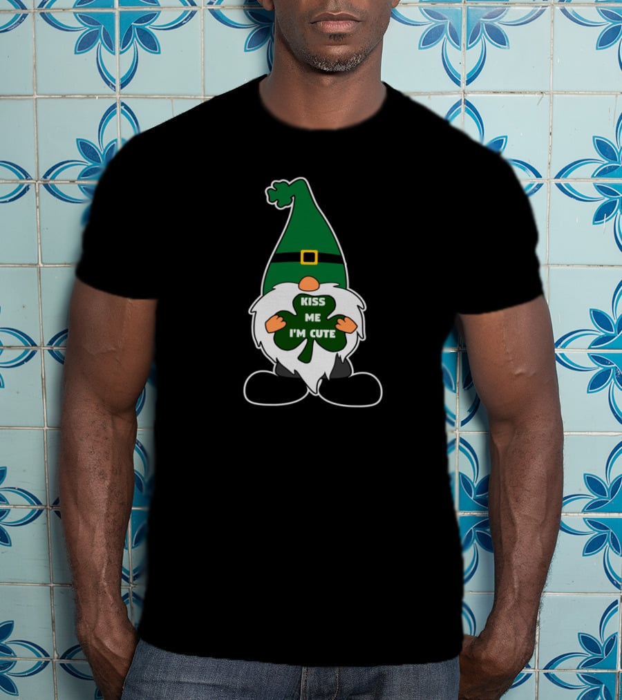 Kiss Me I'm Cute St Patricks Leprechaun Gnome With Clover T-Shirt