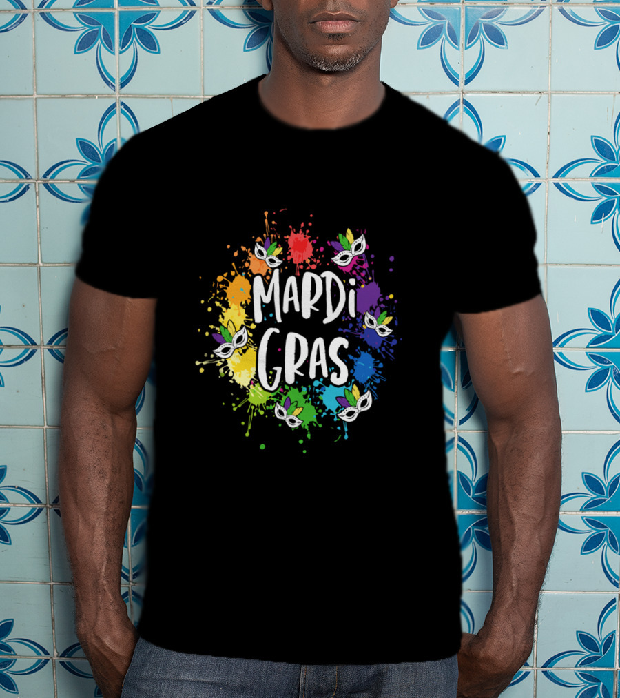 Mardi Gras Mask Colorful Paint Splatter New Orleans T-Shirt