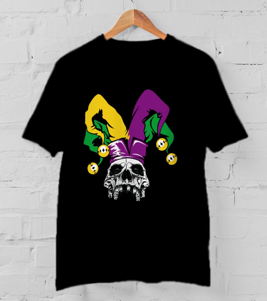 Mardi Gras Skull Jester Hat Purple Green Yellow T-Shirt