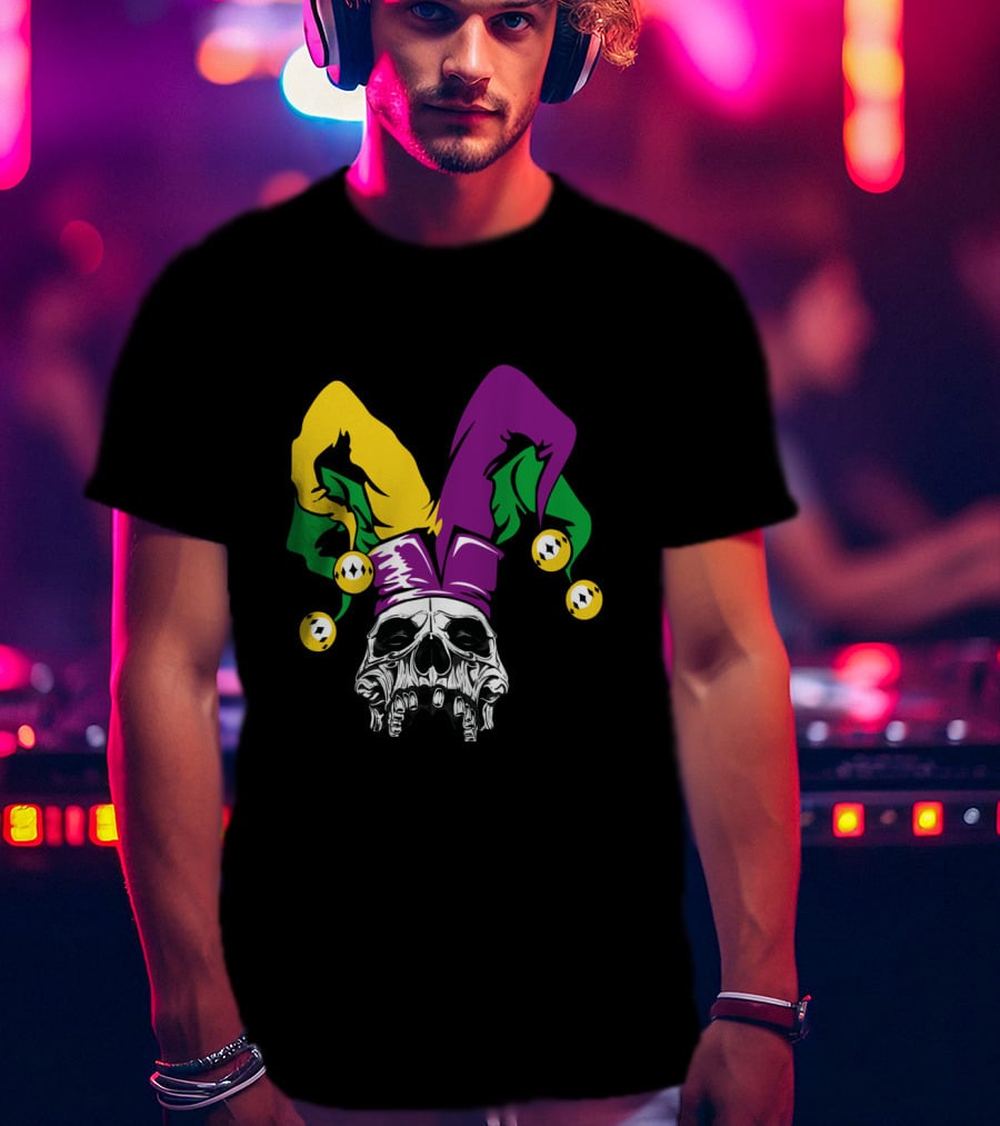 Mardi Gras Skull Jester Hat Purple Green Yellow T-Shirt