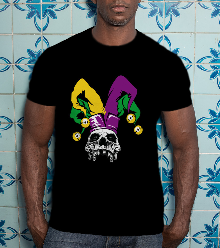Mardi Gras Skull Jester Hat Purple Green Yellow T-Shirt