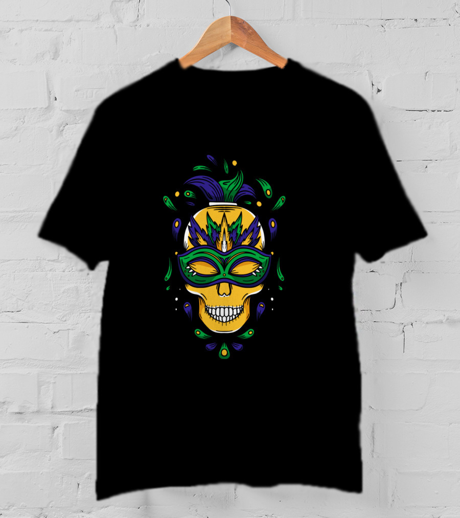 Mardi Gras Skull Jester Mask With Feathers And Colors T-Shirt
