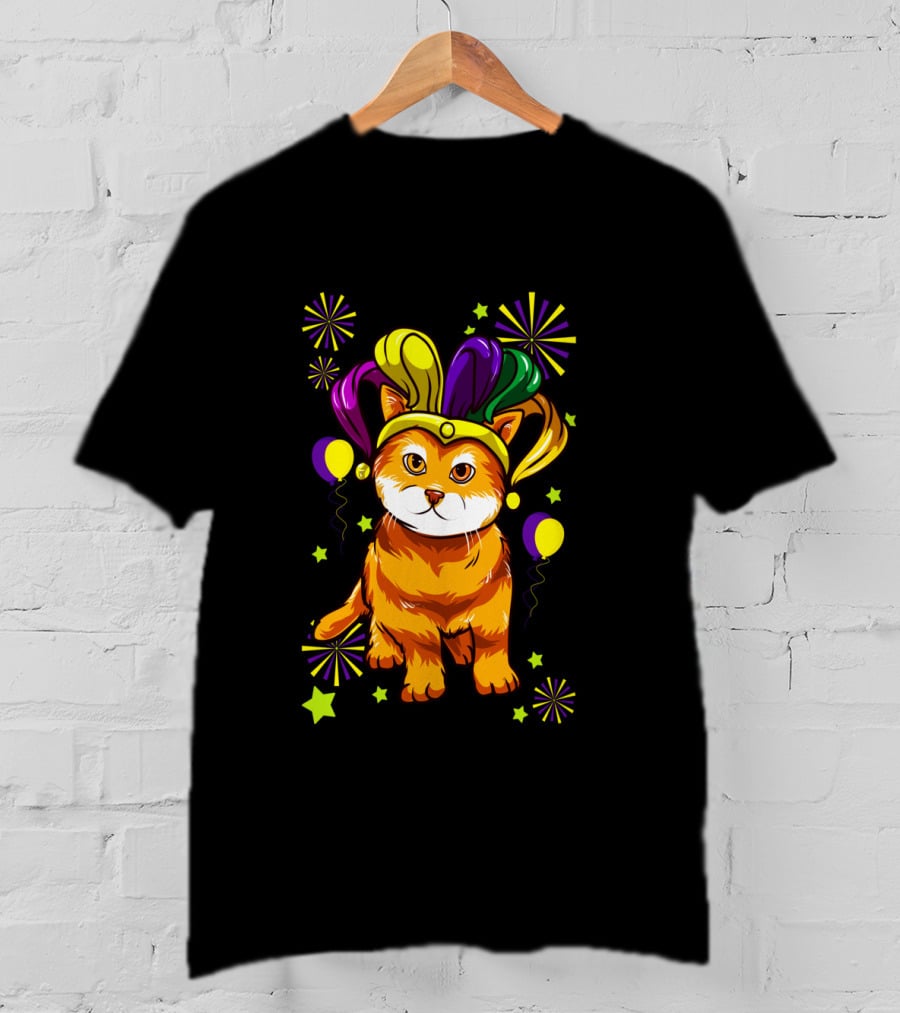Mardi Gras Cat Lovers Jester Hat Festive Cat T-Shirt