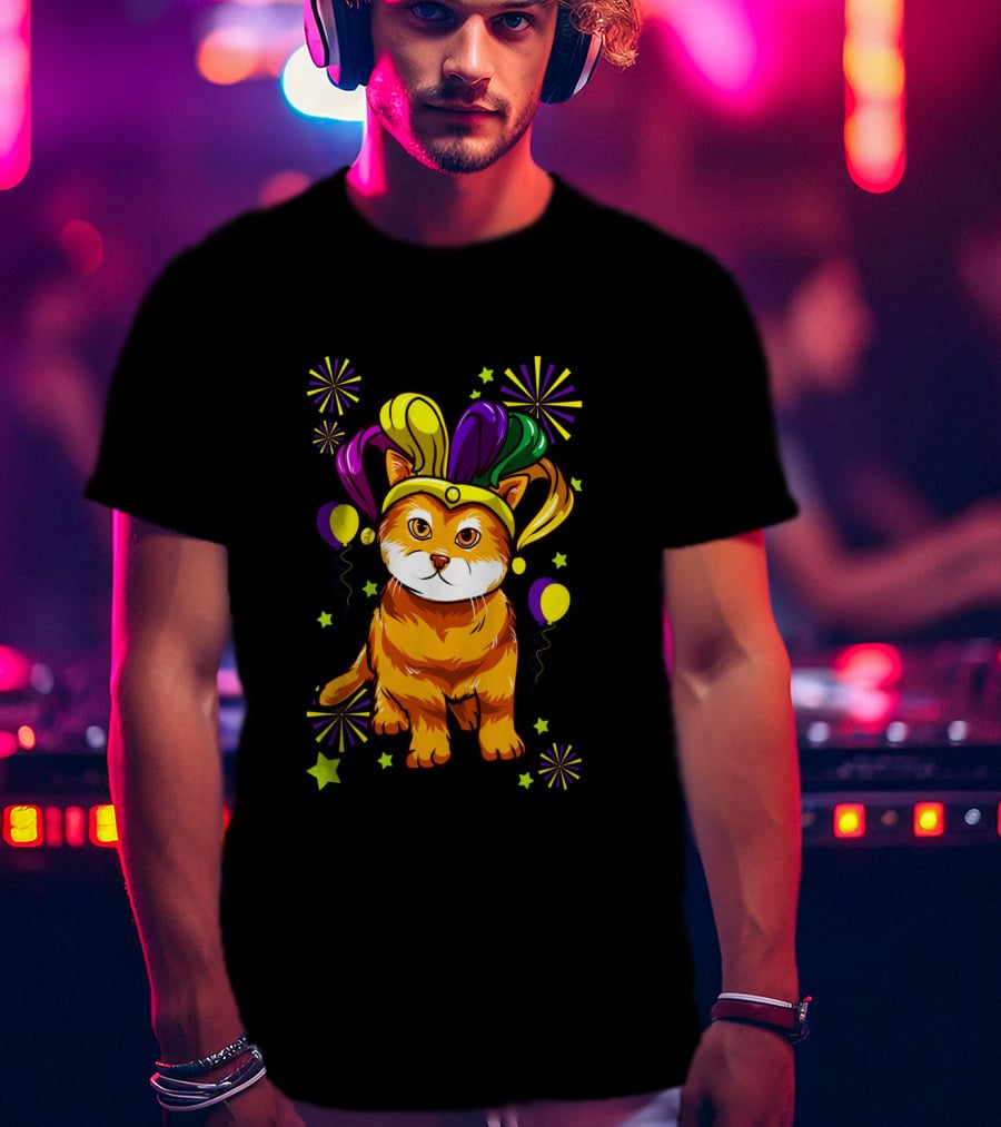 Mardi Gras Cat Lovers Jester Hat Festive Cat T-Shirt