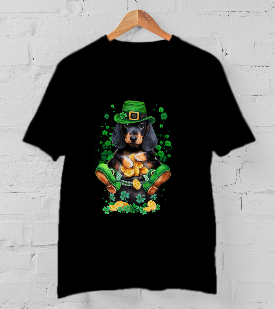 Dachshund Patrick Baby Funny Patrick Leprechaun Hat Shamrocks Pot Of Gold Coins T-Shirt