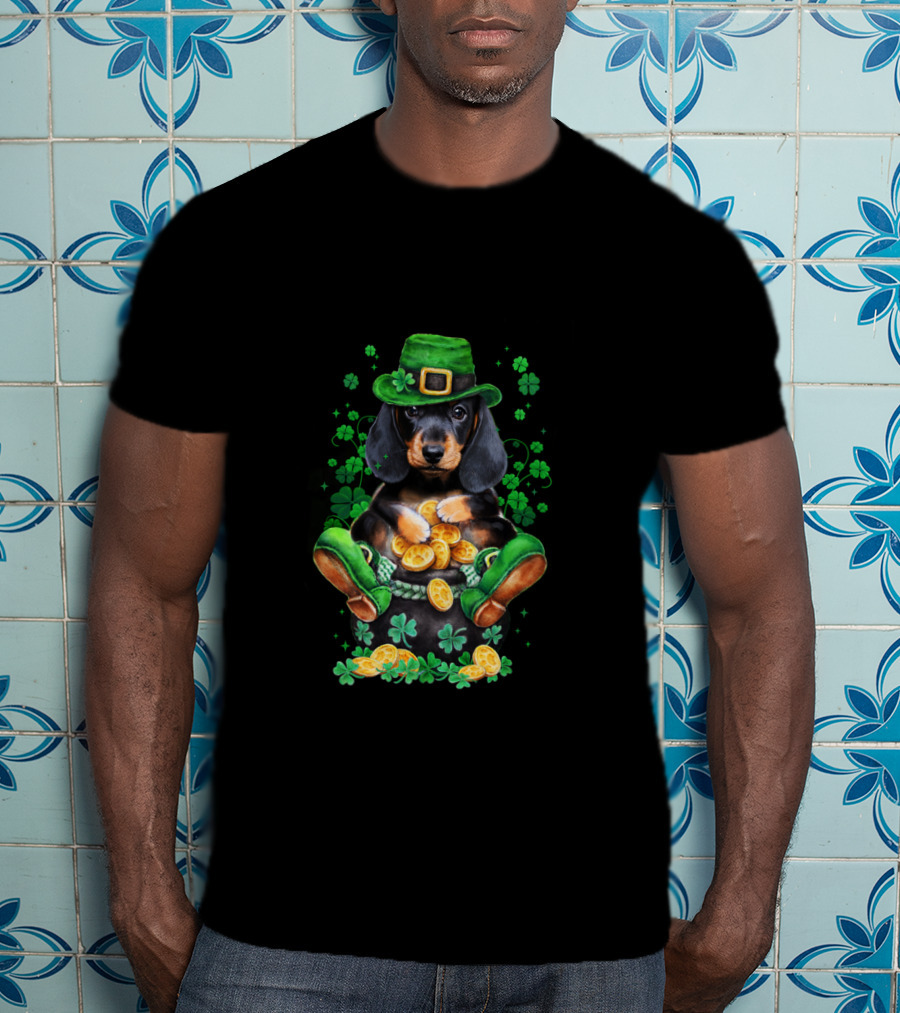 Dachshund Patrick Baby Funny Patrick Leprechaun Hat Shamrocks Pot Of Gold Coins T-Shirt