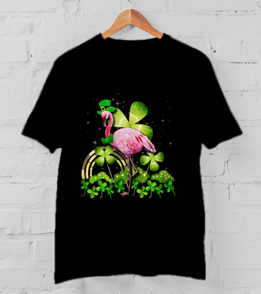 Flamingo St Patrick Day Shamrocks Leprechaun Rainbow Bowtie Sparkles T-Shirt