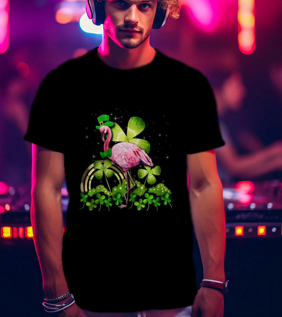 Flamingo St Patrick Day Shamrocks Leprechaun Rainbow Bowtie Sparkles T-Shirt