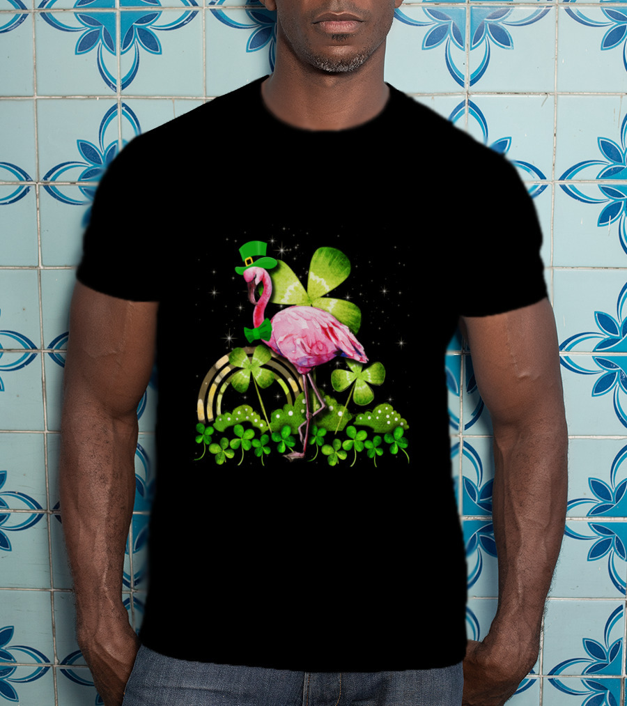 Flamingo St Patrick Day Shamrocks Leprechaun Rainbow Bowtie Sparkles T-Shirt