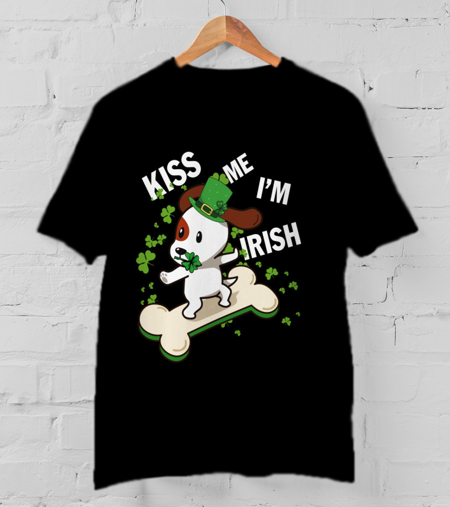 Kiss Me I'm Irish Jack Russell Dog With Lucky Shamrock And Hat On Bone T-Shirt