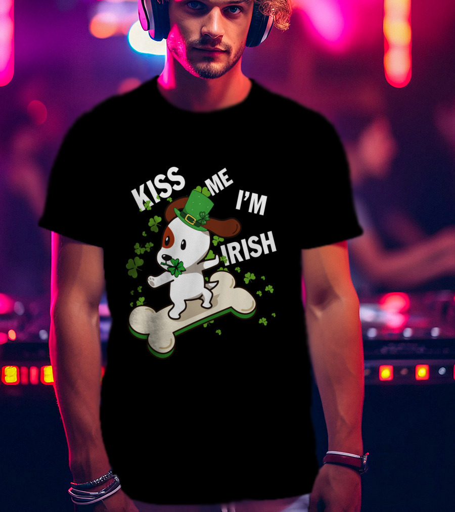 Kiss Me I'm Irish Jack Russell Dog With Lucky Shamrock And Hat On Bone T-Shirt