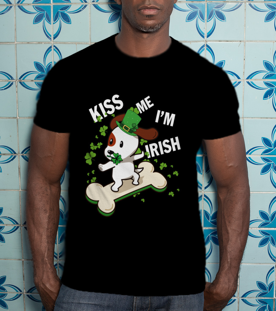 Kiss Me I'm Irish Jack Russell Dog With Lucky Shamrock And Hat On Bone T-Shirt