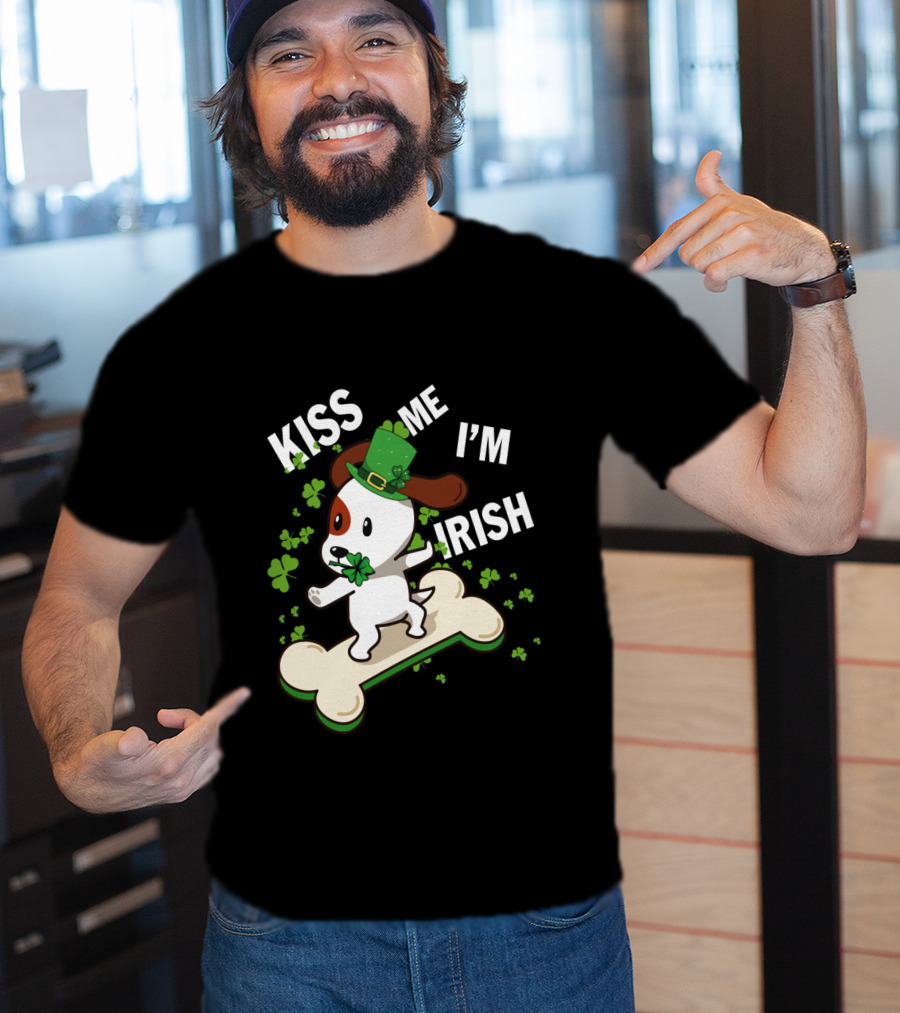Kiss Me I'm Irish Jack Russell Dog With Lucky Shamrock And Hat On Bone T-Shirt