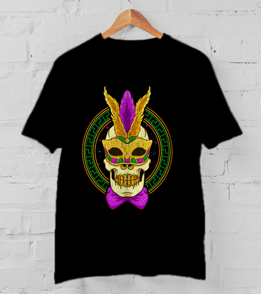 Mardi Gras Feathered Skull Mask With Colorful Bowtie T-Shirt