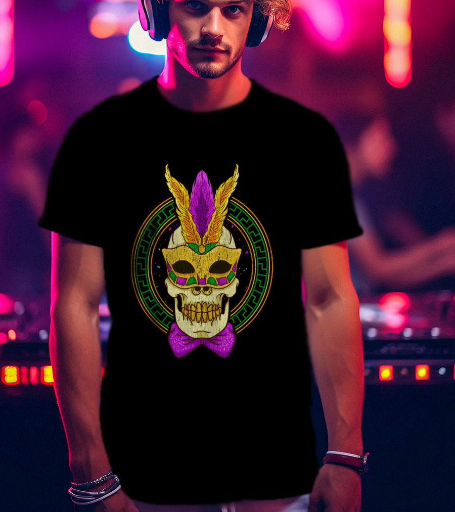 Mardi Gras Feathered Skull Mask With Colorful Bowtie T-Shirt