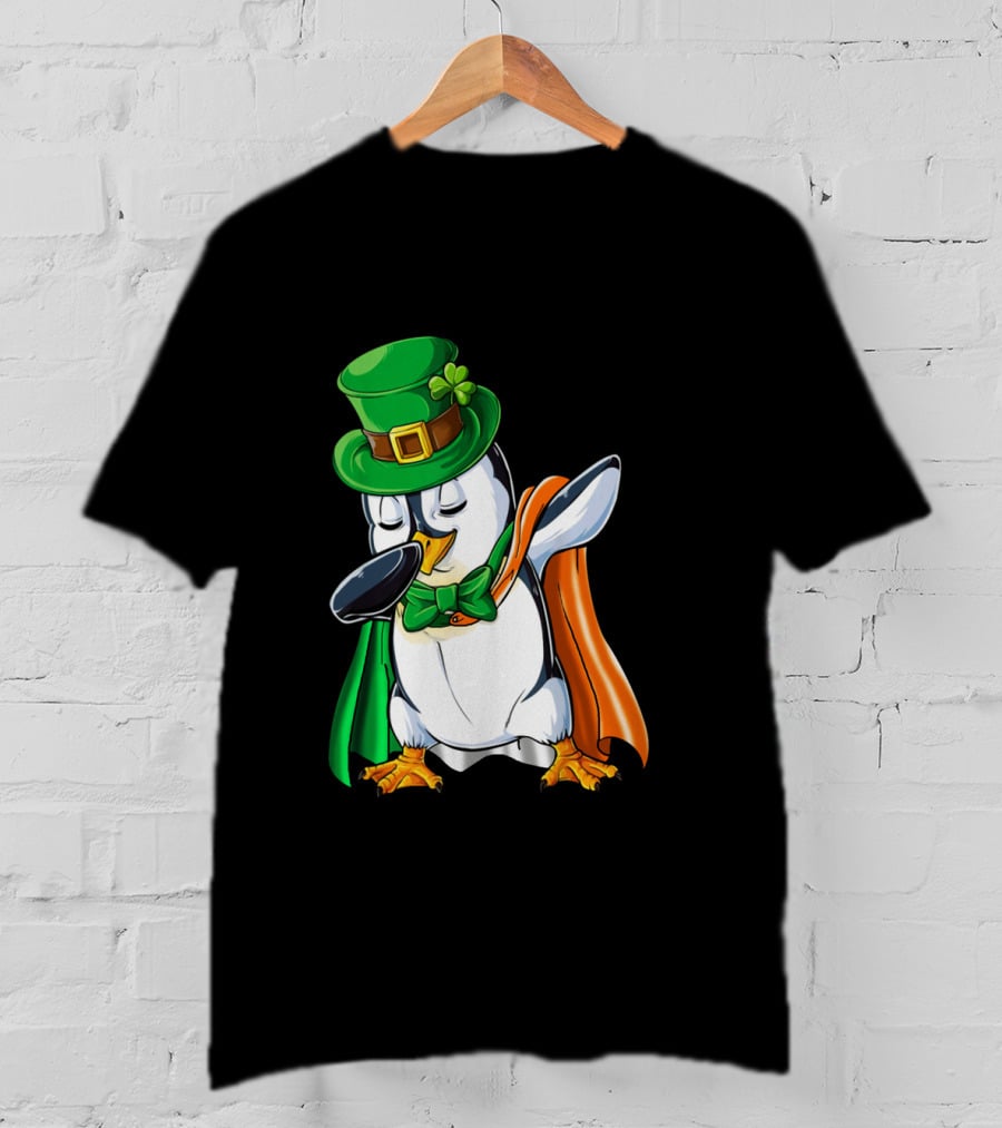 Penguin Dabbing Leprechaun Hat Irish Flag Cape T-Shirt