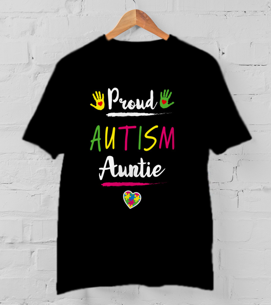 Proud Autism Auntie Colorful Heart Handprints Autism Awareness Day T-Shirt