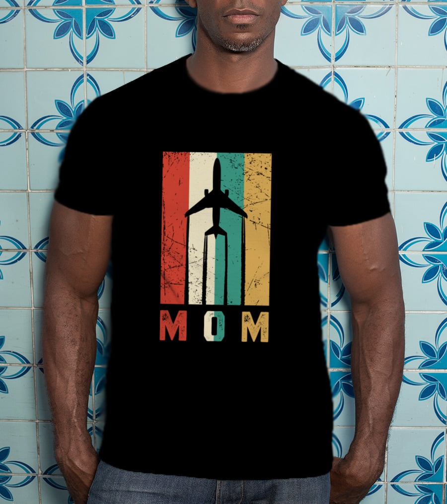 Mom Airplane Retro Vintage Pilot Stripe T-Shirt