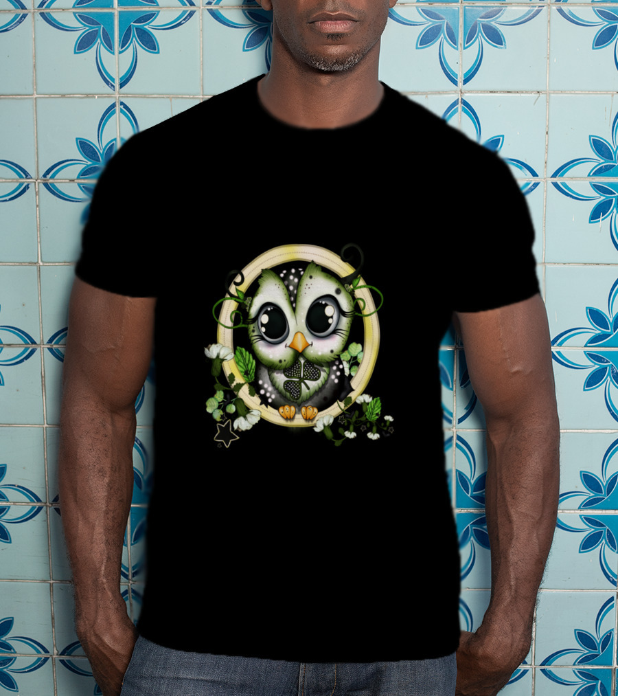 St. Patricks Day Owl Surrounded By Green And White Floral Elements T-Shirt