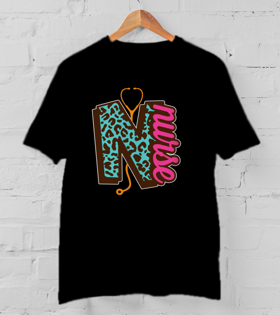 Nurse Leopard Print Stethoscope Lettering T-Shirt