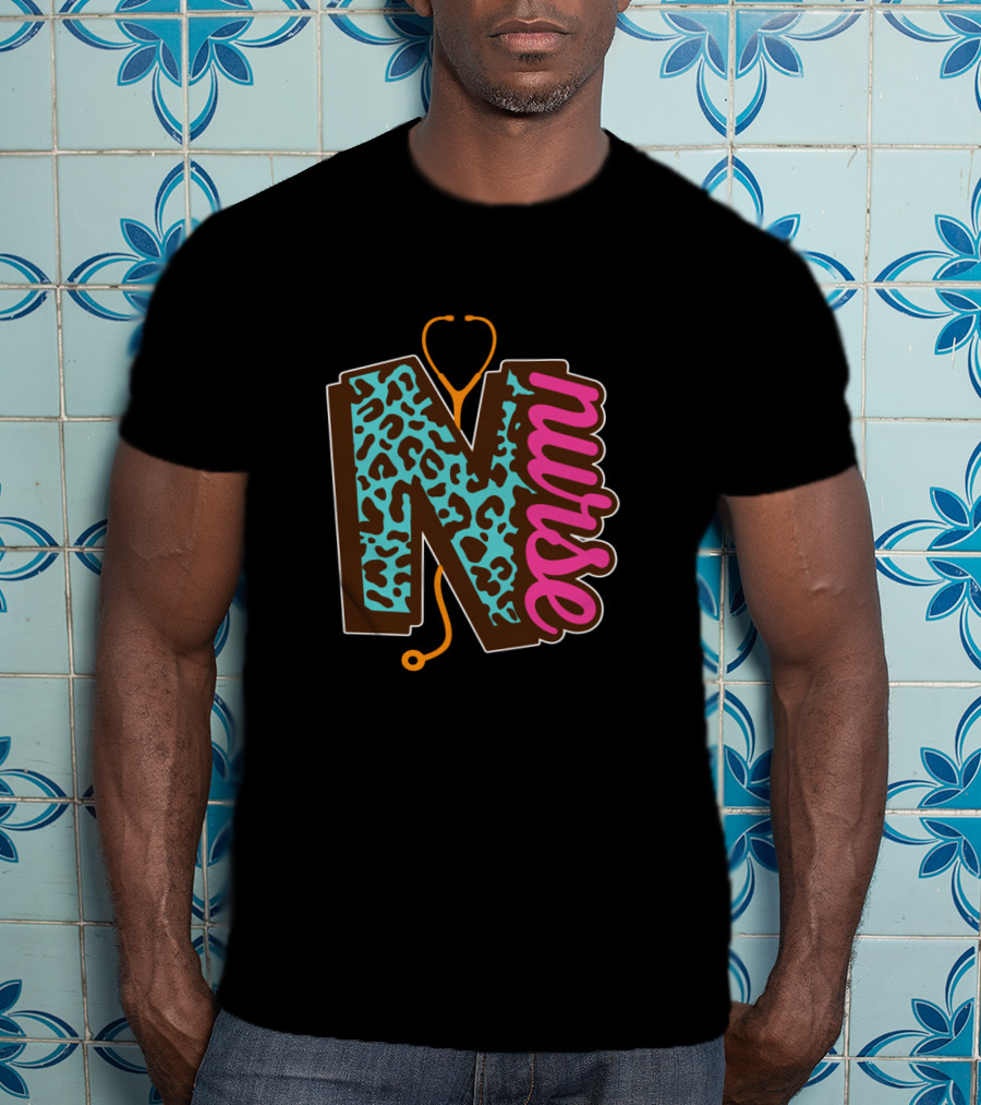 Nurse Leopard Print Stethoscope Lettering T-Shirt