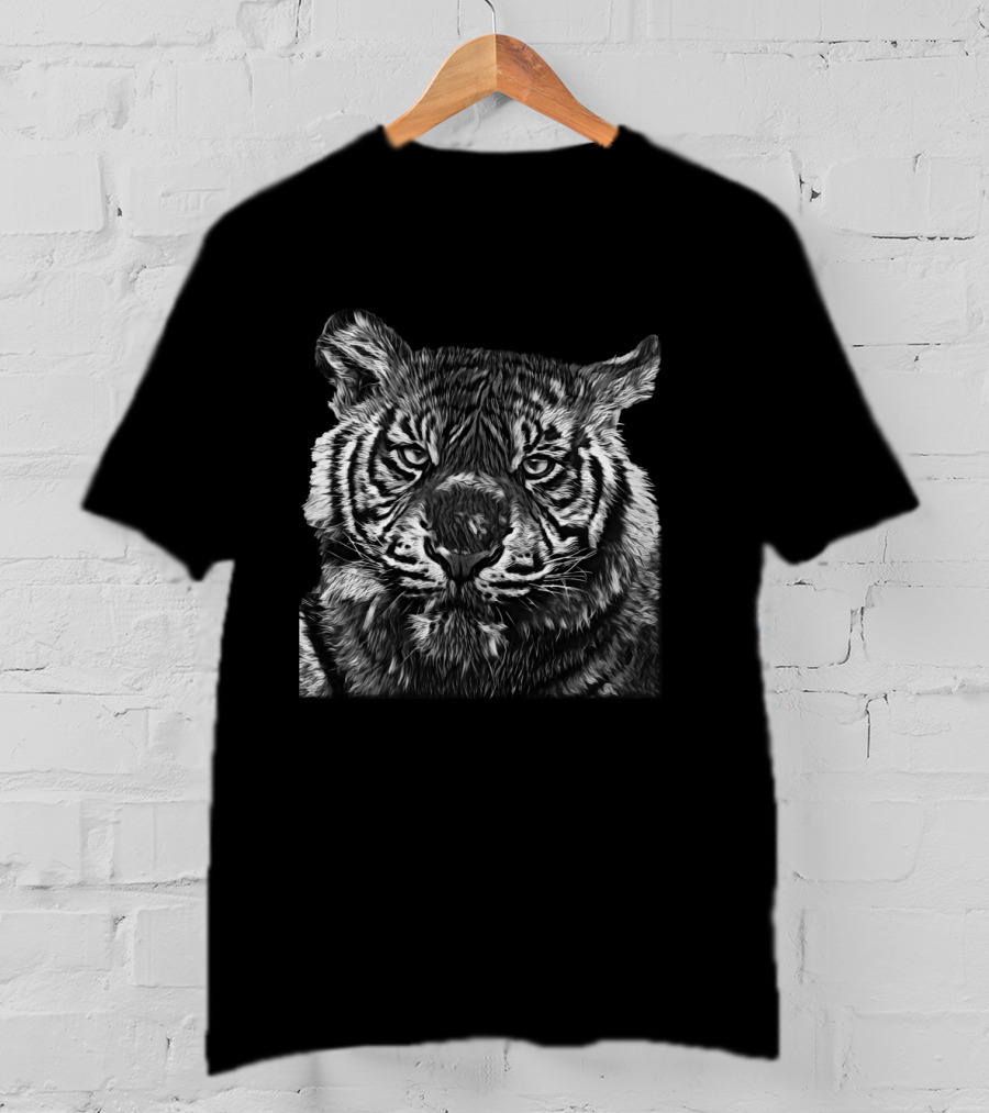 Tiger Large Cat Jungle Wildlife Black White T-Shirt