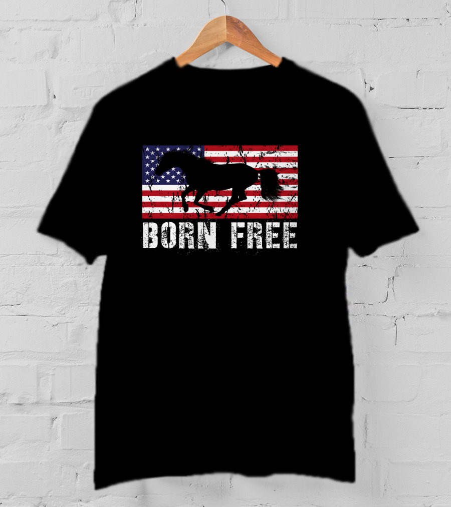 Born Free Wild Mustang American Flag Vintage Horse T-Shirt