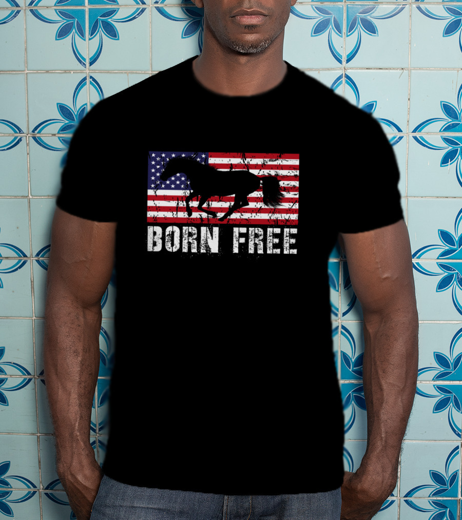 Born Free Wild Mustang American Flag Vintage Horse T-Shirt
