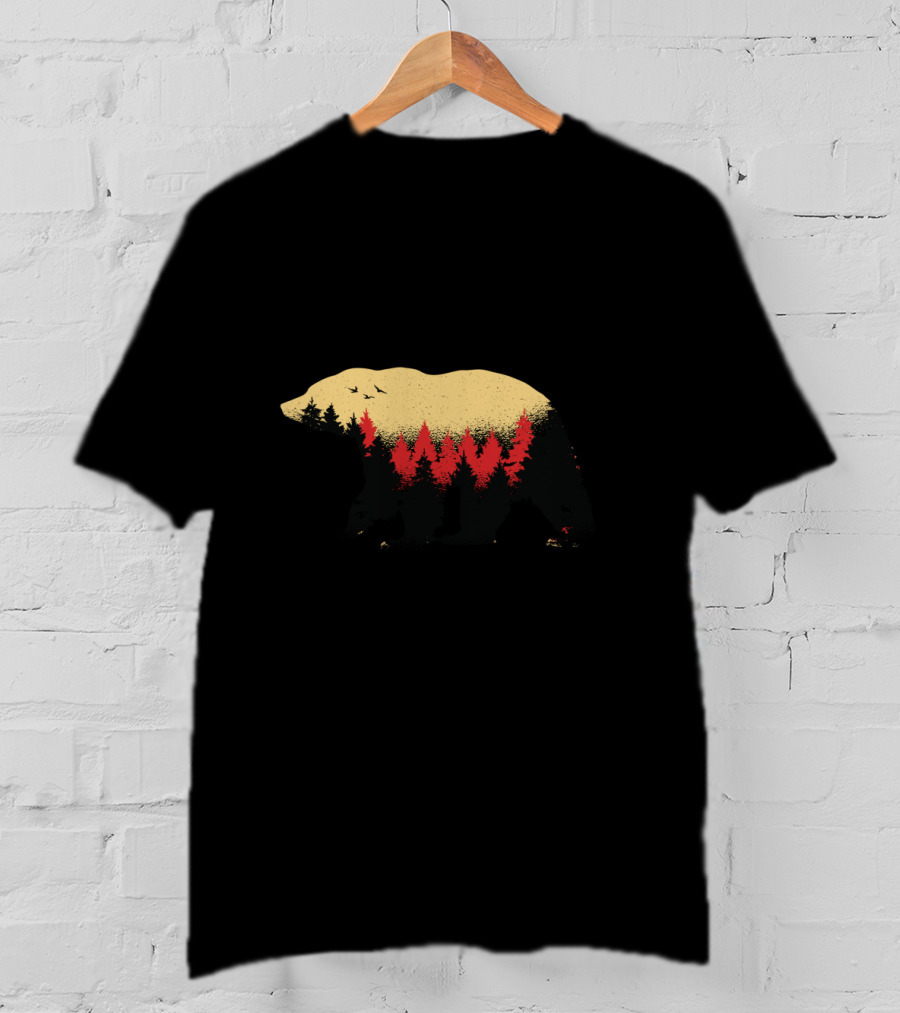 Wildlife Bear And Forest Silhouette With Trees And Birds T-Shirt