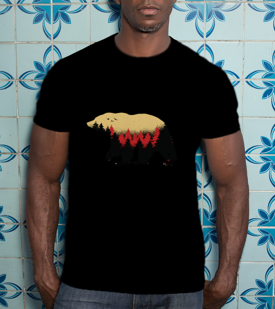 Wildlife Bear And Forest Silhouette With Trees And Birds T-Shirt