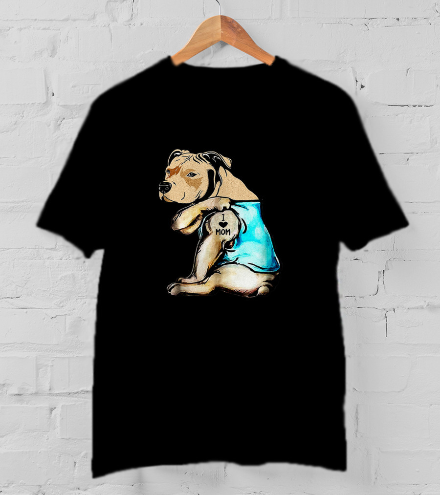 Pit Bull I Love Mom Tattooed Dog In Blue T-Shirt