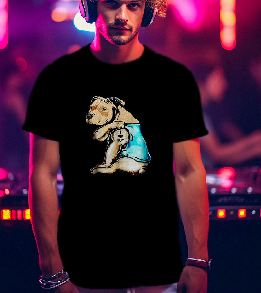 Pit Bull I Love Mom Tattooed Dog In Blue T-Shirt