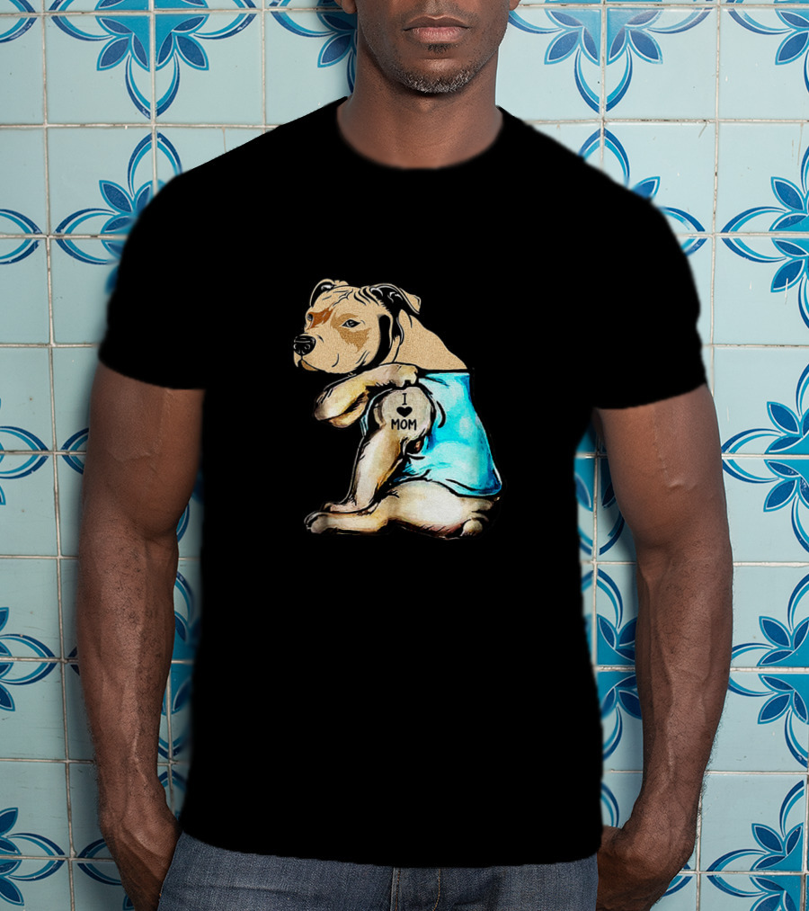 Pit Bull I Love Mom Tattooed Dog In Blue T-Shirt