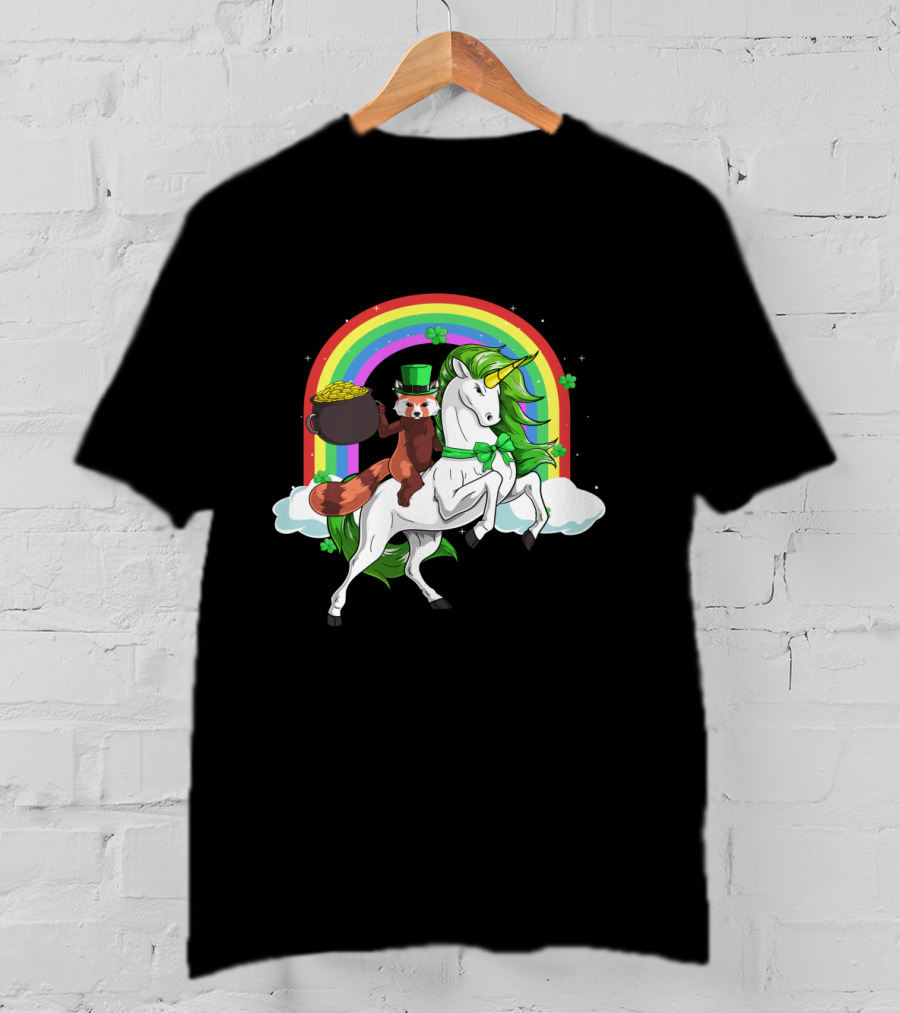 Red Panda Holding Gold On Lepricorn Unicorn With Rainbow T-Shirt