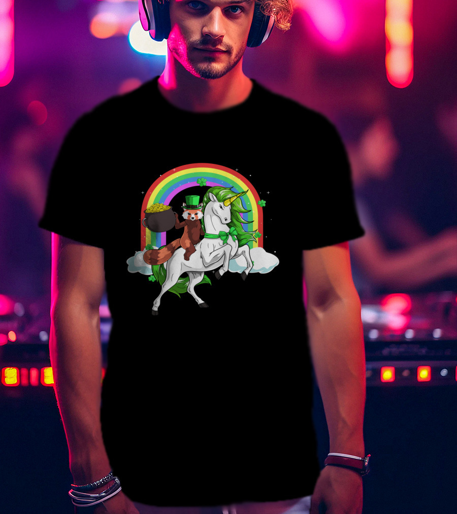 Red Panda Holding Gold On Lepricorn Unicorn With Rainbow T-Shirt