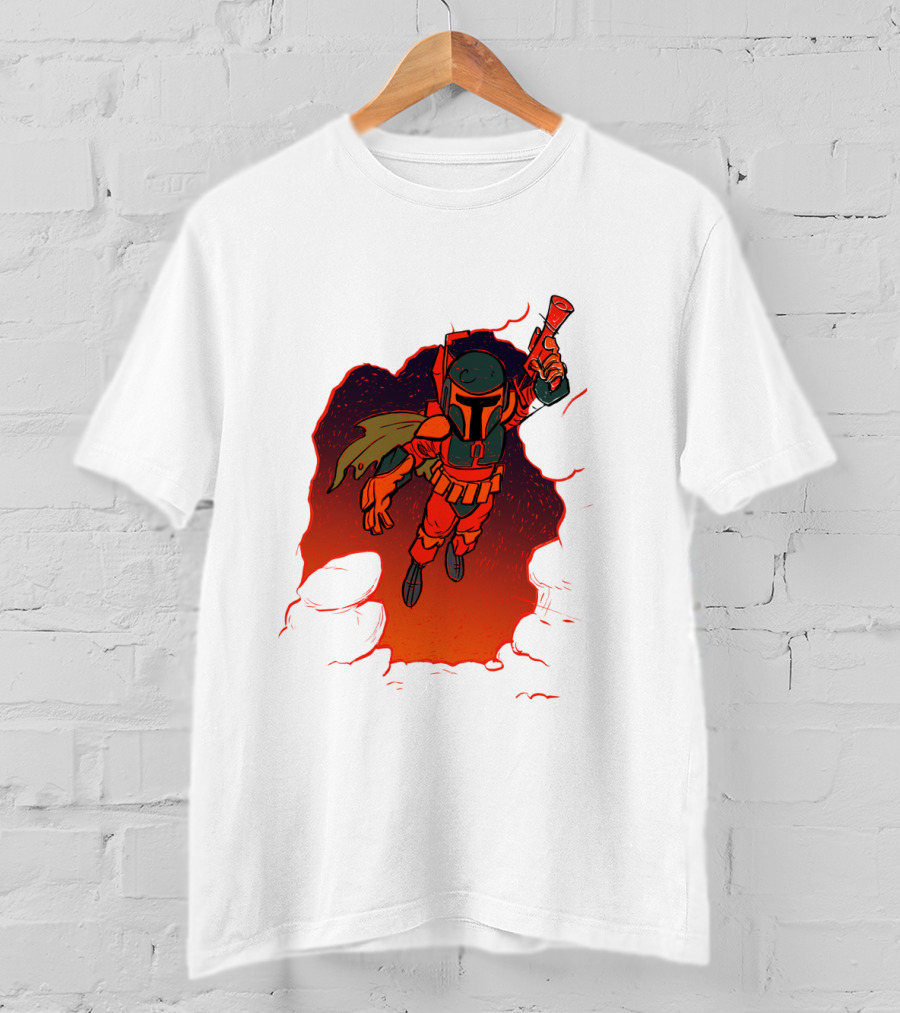 Star Wars Boba Fett Illustrated Blast Mandalorian Jetpack Fire Burst T-Shirt