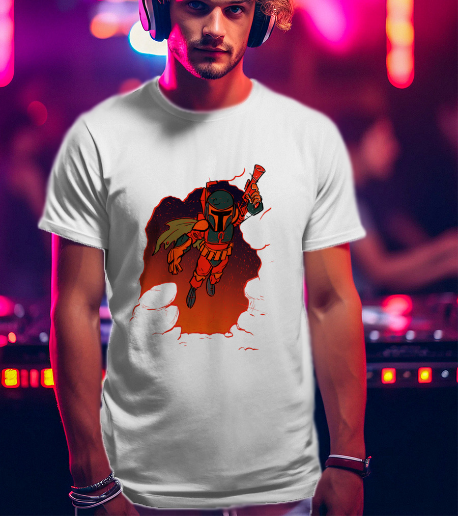 Star Wars Boba Fett Illustrated Blast Mandalorian Jetpack Fire Burst T-Shirt