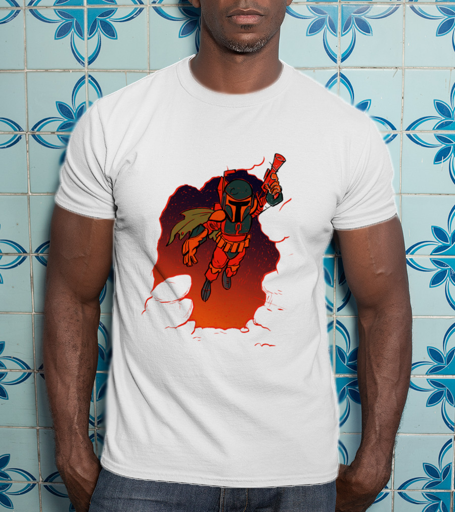 Star Wars Boba Fett Illustrated Blast Mandalorian Jetpack Fire Burst T-Shirt