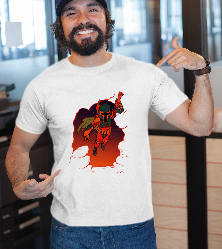 Star Wars Boba Fett Illustrated Blast Mandalorian Jetpack Fire Burst T-Shirt