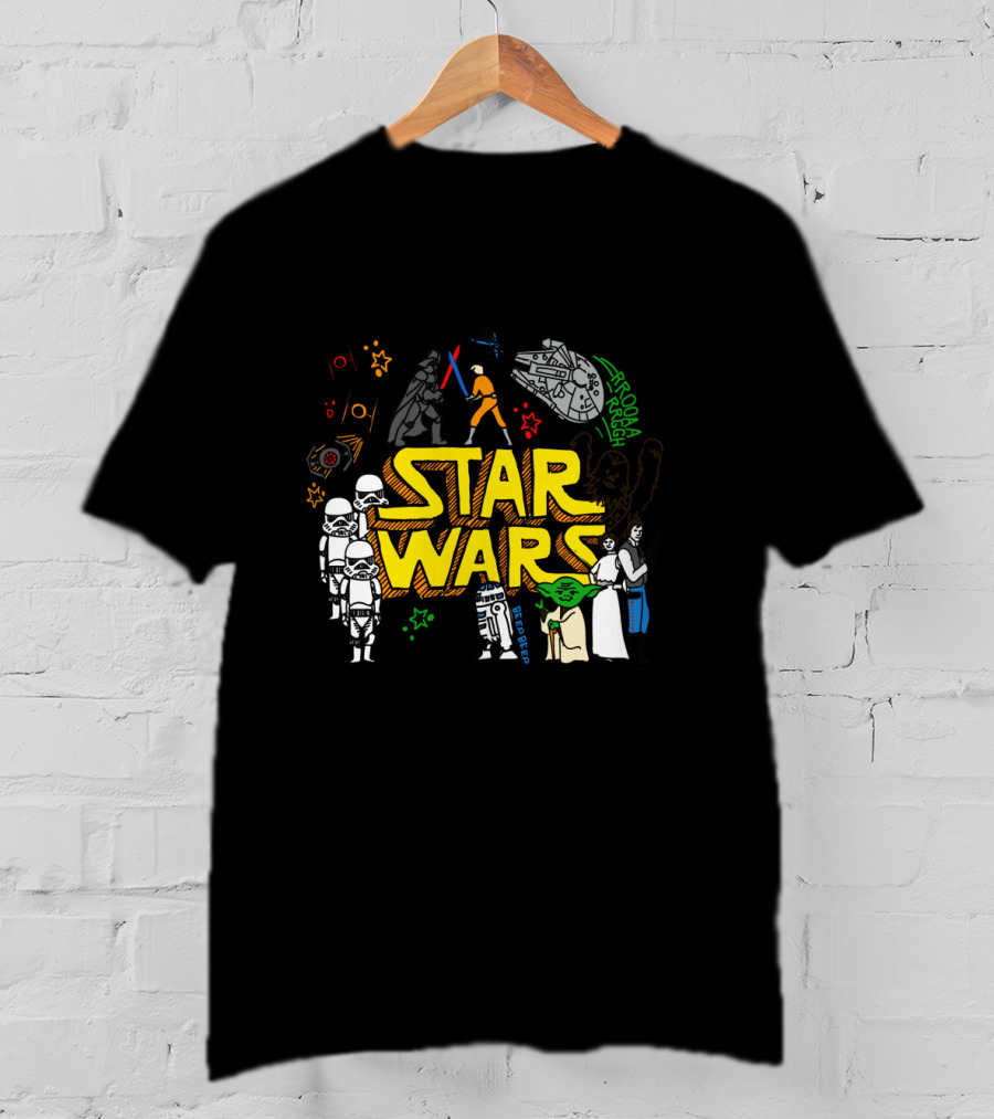 Star Wars Colorful Multi Character Doodle Millennium Falcon Darth Vader Yoda R2-D2 Stormtroopers T-Shirt