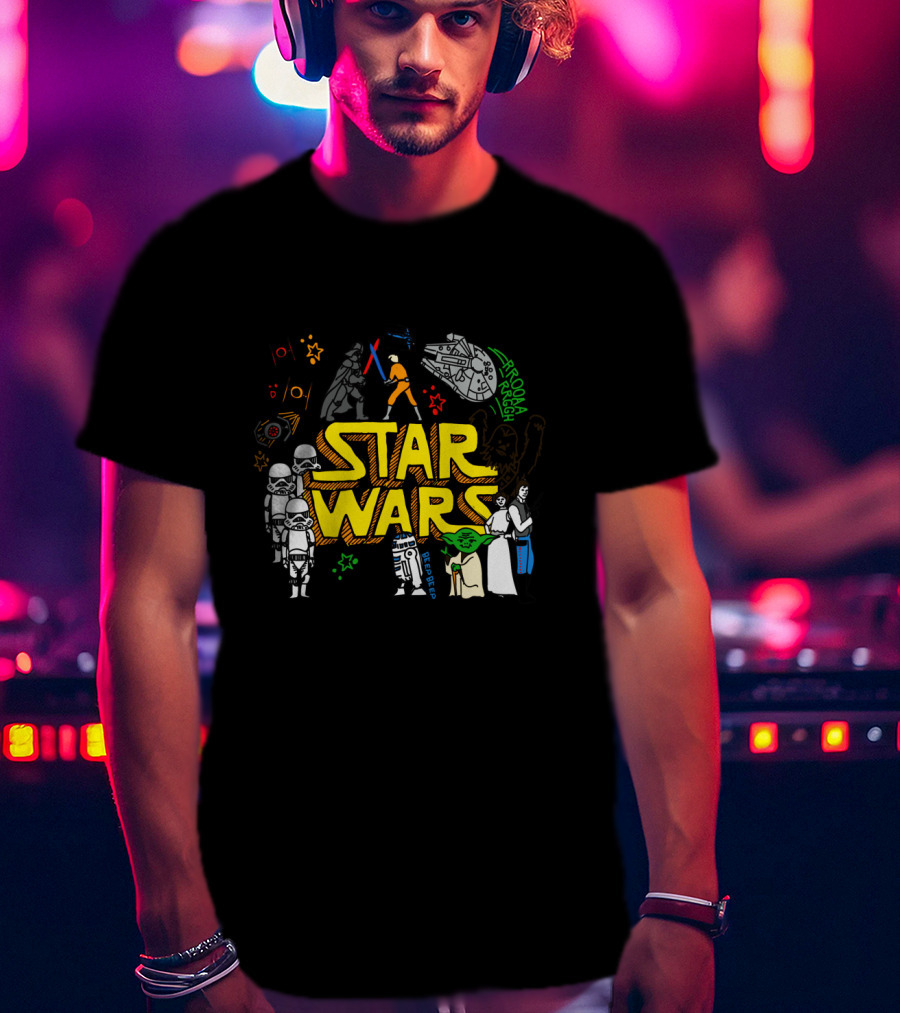 Star Wars Colorful Multi Character Doodle Millennium Falcon Darth Vader Yoda R2-D2 Stormtroopers T-Shirt
