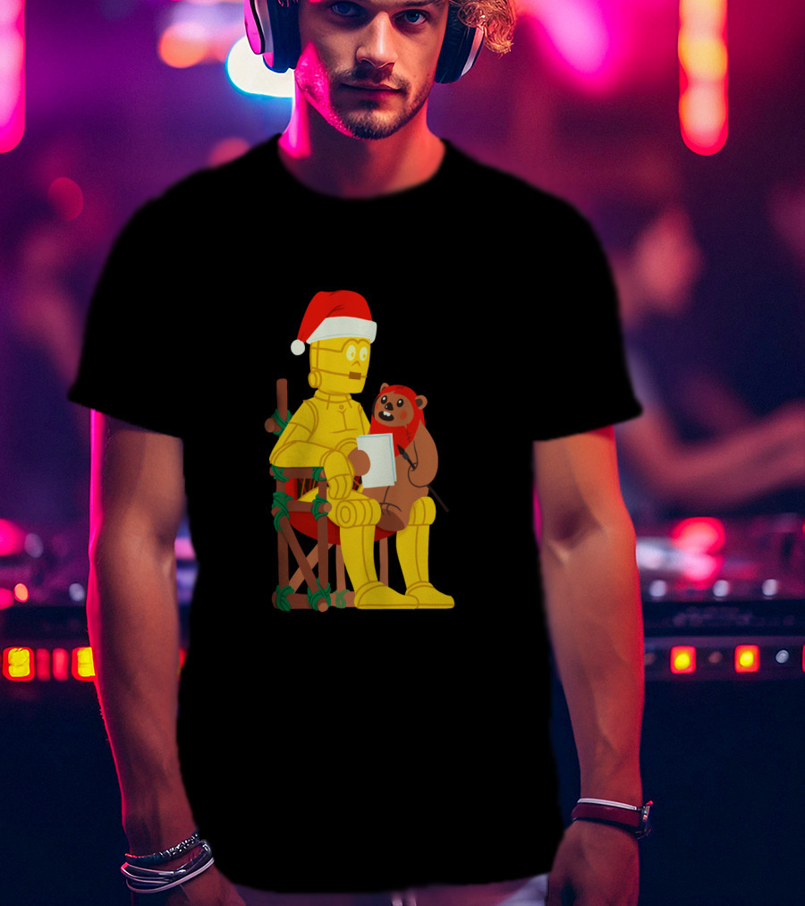 Star Wars Holiday Santa C 3PO And Ewok Christmas Chair Scene T-Shirt
