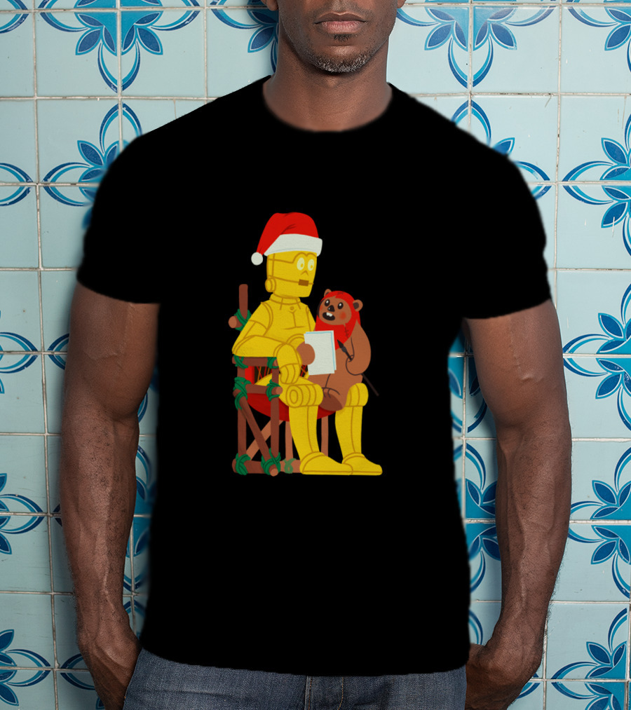 Star Wars Holiday Santa C 3PO And Ewok Christmas Chair Scene T-Shirt