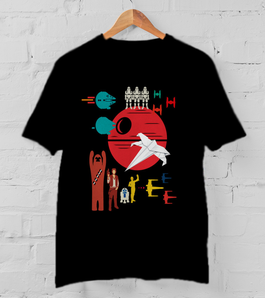 Star Wars Origami Collage Millennium Falcon TIE Fighter Chewbacca R2-D2 T-Shirt