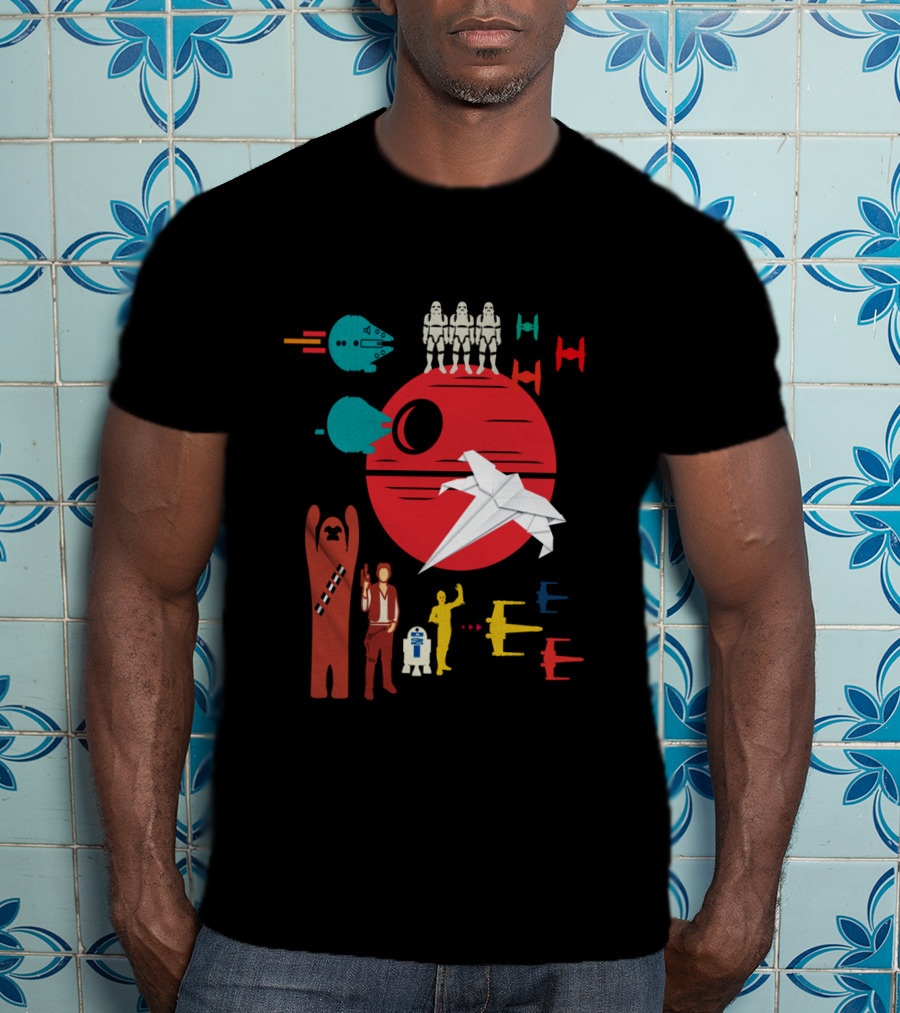 Star Wars Origami Collage Millennium Falcon TIE Fighter Chewbacca R2-D2 T-Shirt