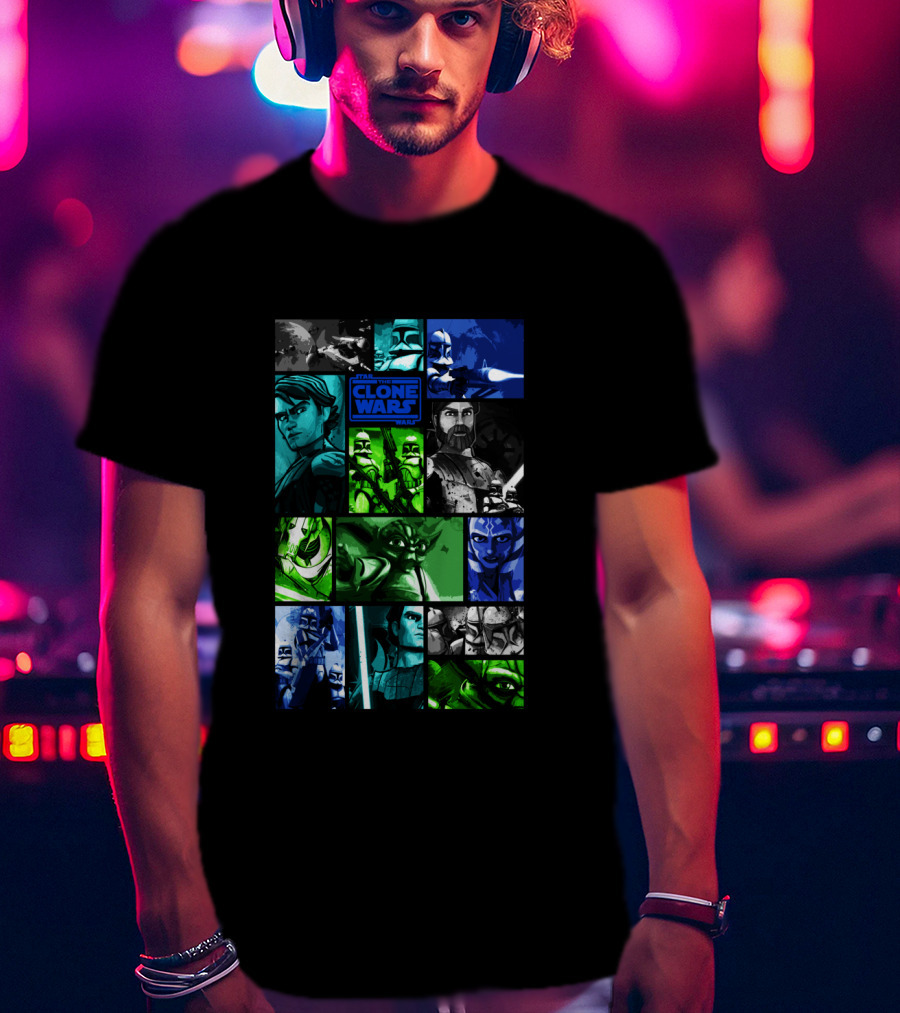 Star Wars The Clone Wars Character Montage Panels Featuring Iconic Heroes And Villains T-Shirt
